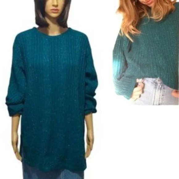 Vintage Diane von Furstenberg Sweater Teal Metallic Slouchy Oversized 80s - Picture 1 of 11